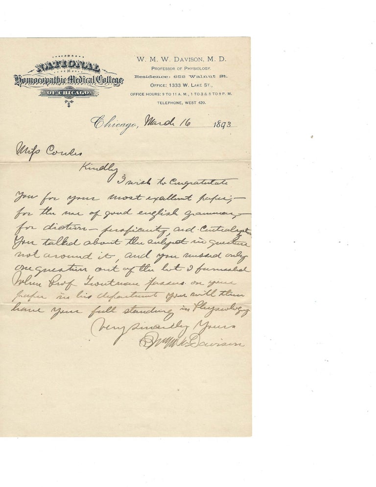Item #16210 2 Letters Commending a Female Student About to Enter the Medical Field, 1890s. Women in Medicine, letter.
