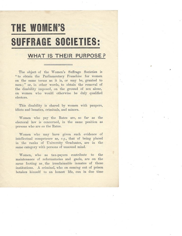 Item #16231 1905 Pro-Women Suffrage Handbill Asks "Women's Suffrage Societies: What is their Purpose?" Suffrage English Woman.