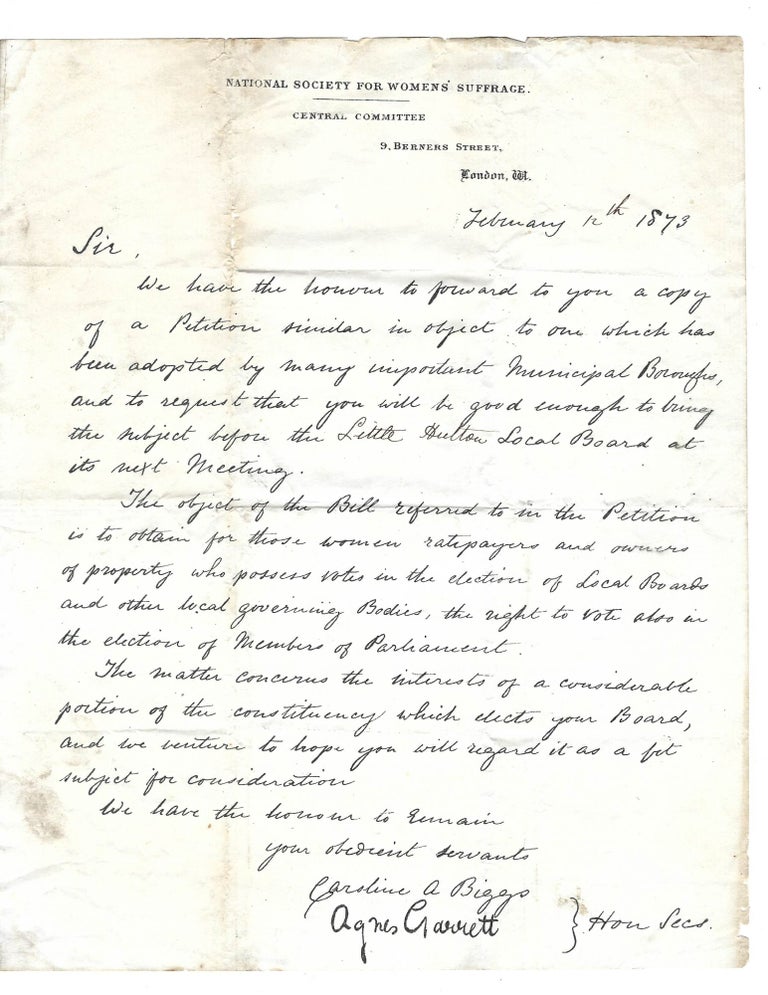Item #16233 Early Women's Suffrage Leaders Autograph letter signed Petition for "Right to Vote in the election of Members of Parliament," 1873. British Women Suffrage.