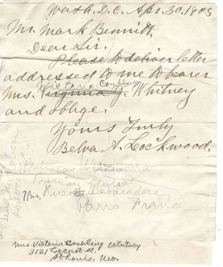 Item #16238 Belva Lockwood, First Woman to Run for U.S. President Autograph Letter Signed. Belva...