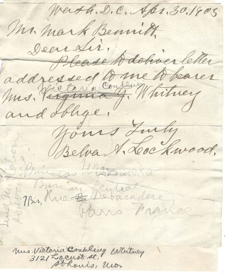 Item #16238 Belva Lockwood, First Woman to Run for U.S. President Autograph Letter Signed. Belva Lockwood.