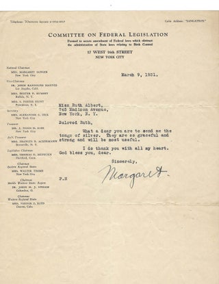 Item #16243 Margaret Sanger Letter Signed. Margaret Sanger