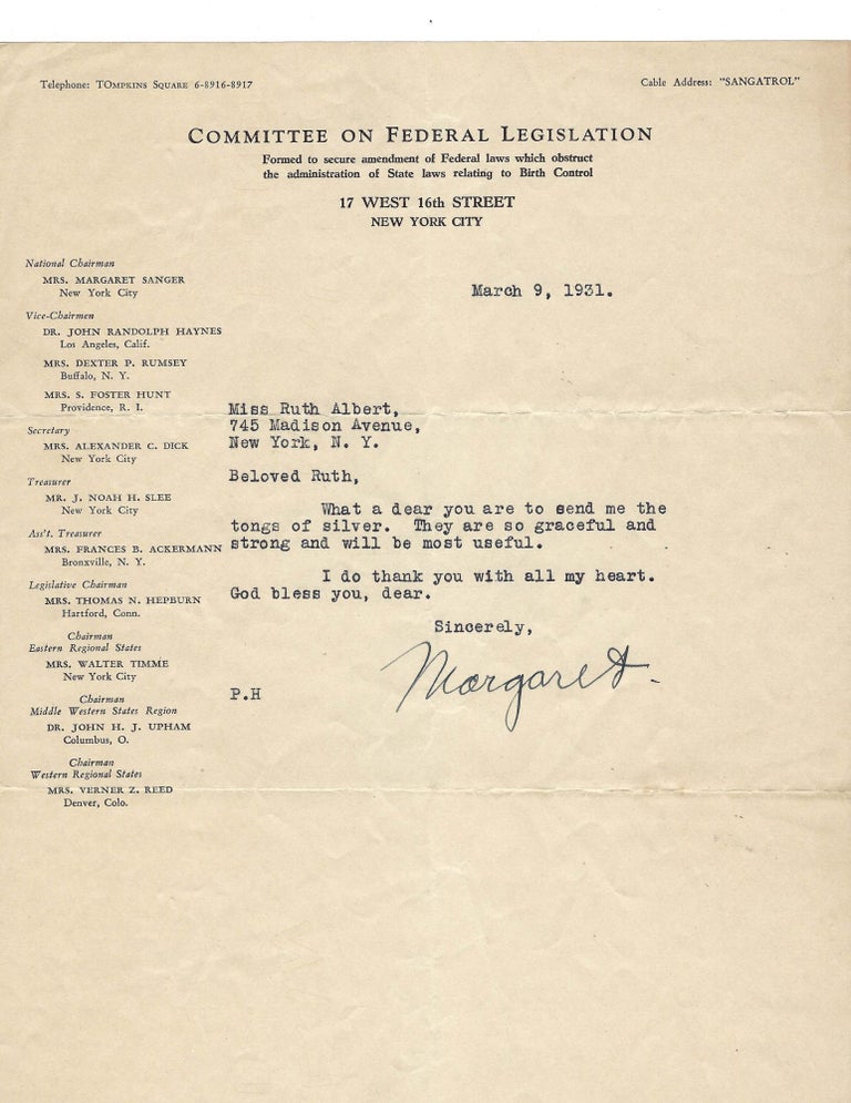 Item #16243 Margaret Sanger Letter Signed. Margaret Sanger.