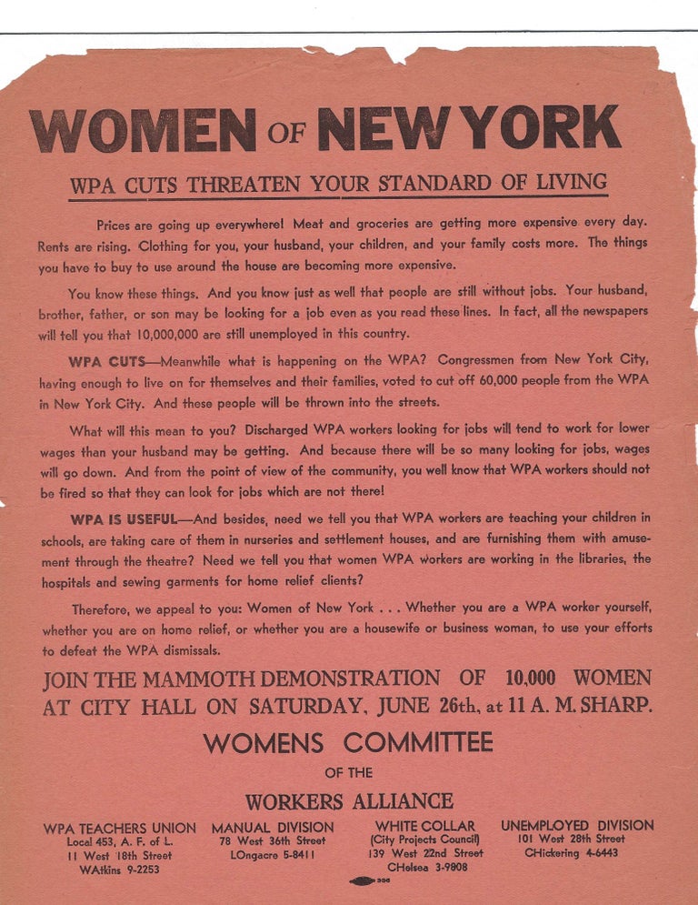Item #16260 10,000 Women of New York March to Protest WPA Cuts. Women Employment, FDR’s New Deal.
