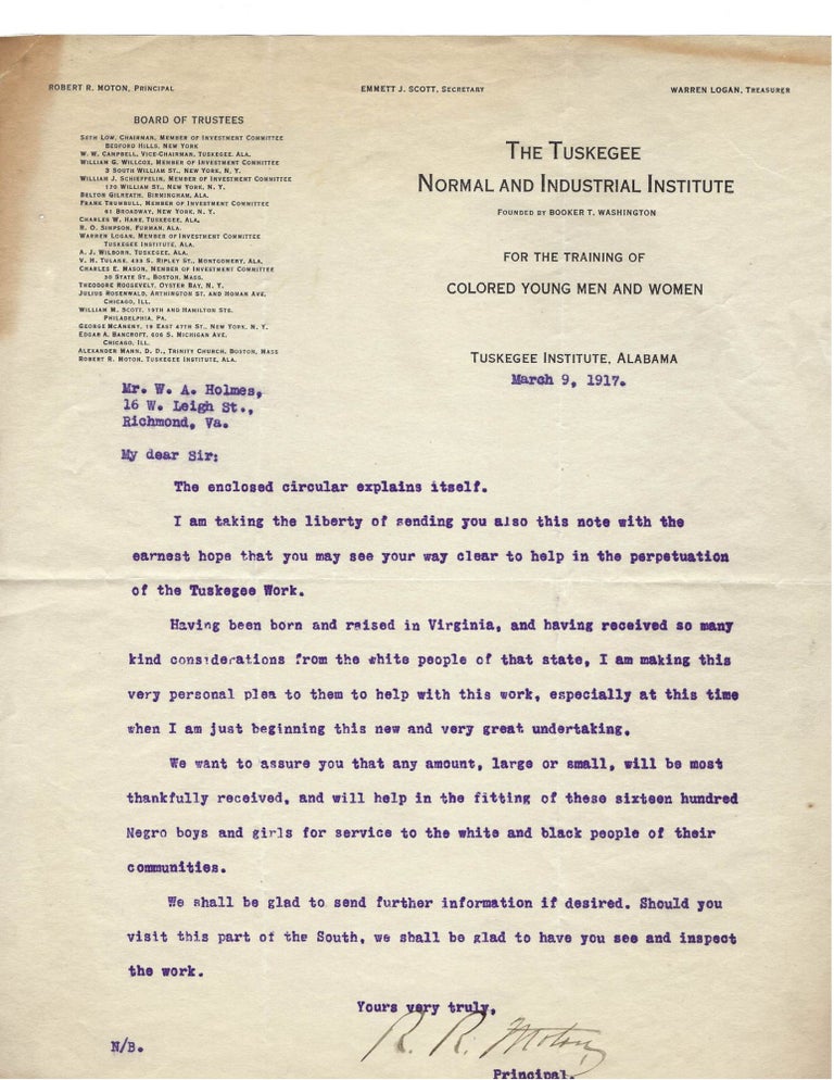 Item #16275 President of Tuskegee Institute, writes on the perpetuation of Tuskegee Educational Work for “sixteen hundred Negro boys and girls.”. Education Tuskegee Institute.