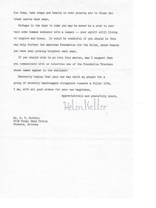 Disability Rights and Social Reform: Helen Keller Signed 1964 Letter Advocating Support for the American Foundation for the Blind