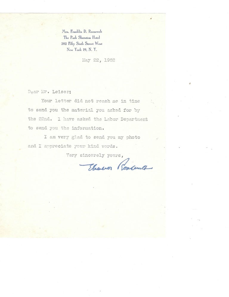 Item #16291 Eleanor Roosevelt Typed Letter Signed When she was US Delegate to the UN. Eleanor Roosevelt.