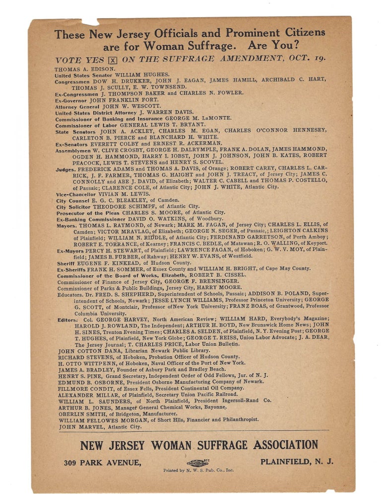 Item #16304 Early Women’s Suffrage Handbill Lists Thomas Edison Amongst Supporters, 1915. Thomas Edison Women.