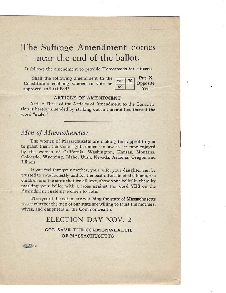 Item #16311 Woman Suffrage Is Cornerstone of the True Republic, 1915. Massachusetts Woman Suffrage.