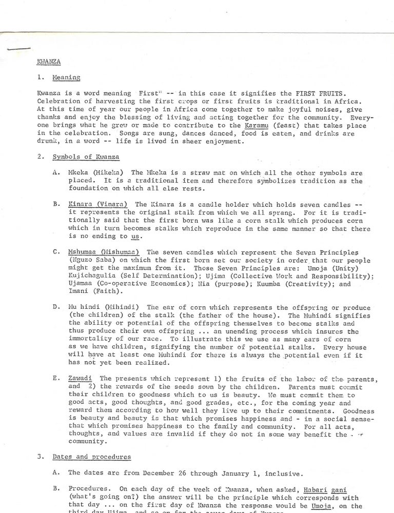 Item #16380 [African American History] [Black Power Movement] Early Kwanza Document by Harriet Smith Defining Holiday Structure and Meaning, 1969. Harriet Smith.