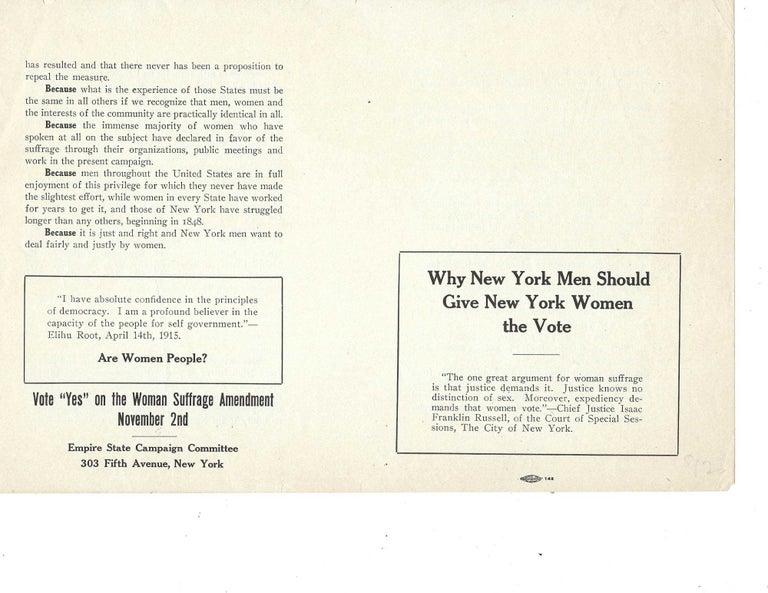 Item #16433 Pro-suffrage pamphlet, Why New York Men Should Give Women the Vote, 1915. Women Suffrage, New York.
