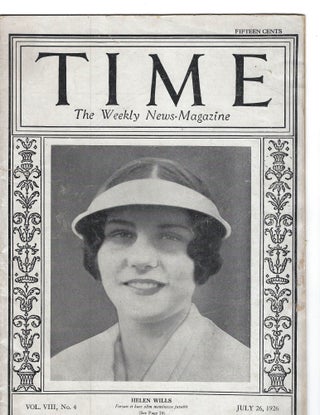 Item #16452 Helen Wills, winner of 31 tennis Grand Slams- Time Mag, 1926. Tennis Champion, Olympian