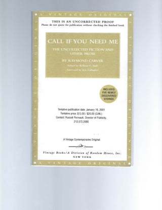 Item #16556 Rare Advanced Reading Copy of Raymond Carver’s Call If You Need Me - Preceding the...
