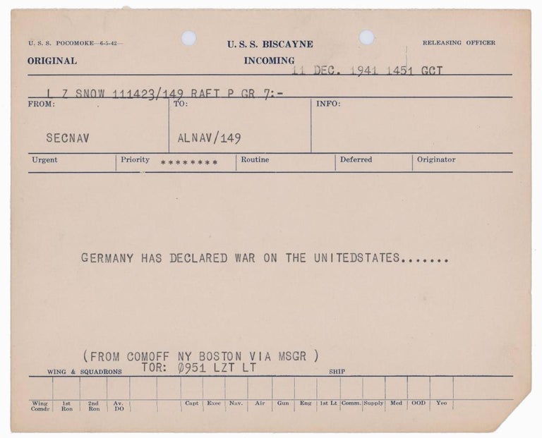 Item #16563 "GERMANY HAS DECLARED WAR ON THE UNITED STATES" Original US Navy Cable Dispatch:. World War II DECLARATION OF WAR.
