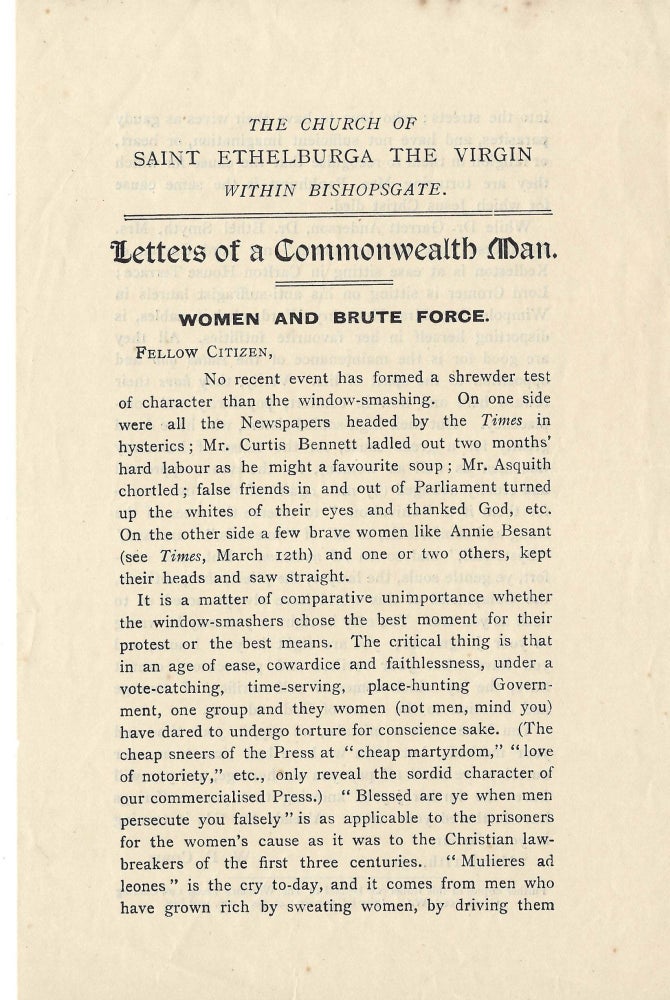 Item #16674 Open Letter decries Pankhurst's Imprisonment and "men who have grown rich by sweating women, by driving them into the streets" Women Suffrage, W F. Cobb.