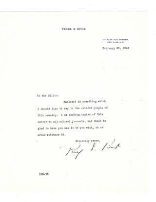 Item #16692 Pearl Buck Typed Letter Signed on "Something Which I should Like to Say to the...