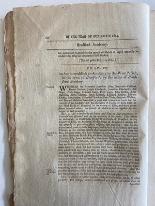 Official 1804 Session Laws Including Original Charter of Bradford Academy, Among the Commonwealth’s Earliest Coeducational Institutions, 1804