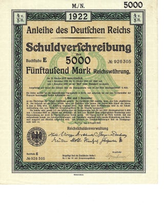 1922 German Reich Mark Treasury Bond Certificate Dated just before the Hyperinflation of Weimar. Weimar Republic German Bond.