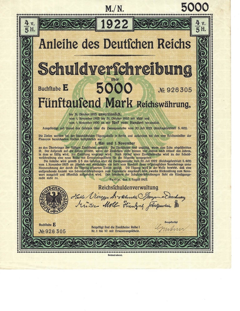 Item #16785 1922 German Reich Mark Treasury Bond Certificate Dated just before the Hyperinflation of Weimar Republic. Weimar Republic German Bond.