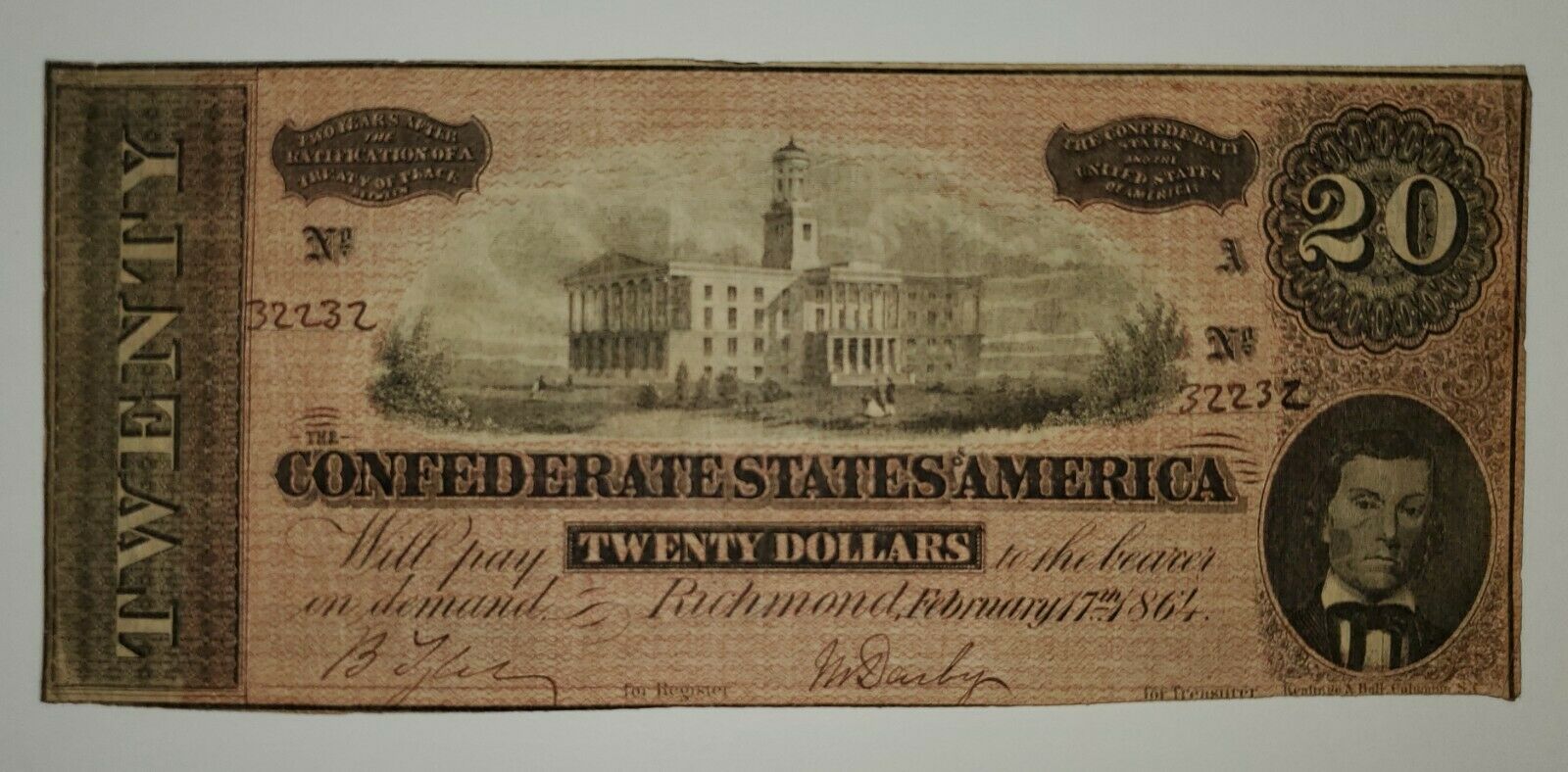 1864 Confederate States 20 dollar Note