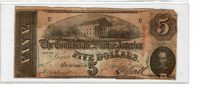 Item #16793 1864 Confederate States 5 dollar Note. Civil War Confederate Note.