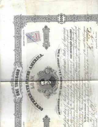 Confederate States of America $ 1000 loan Certificate with Coupons- Richmond 1862 USA. Civil War Confederate Loan.