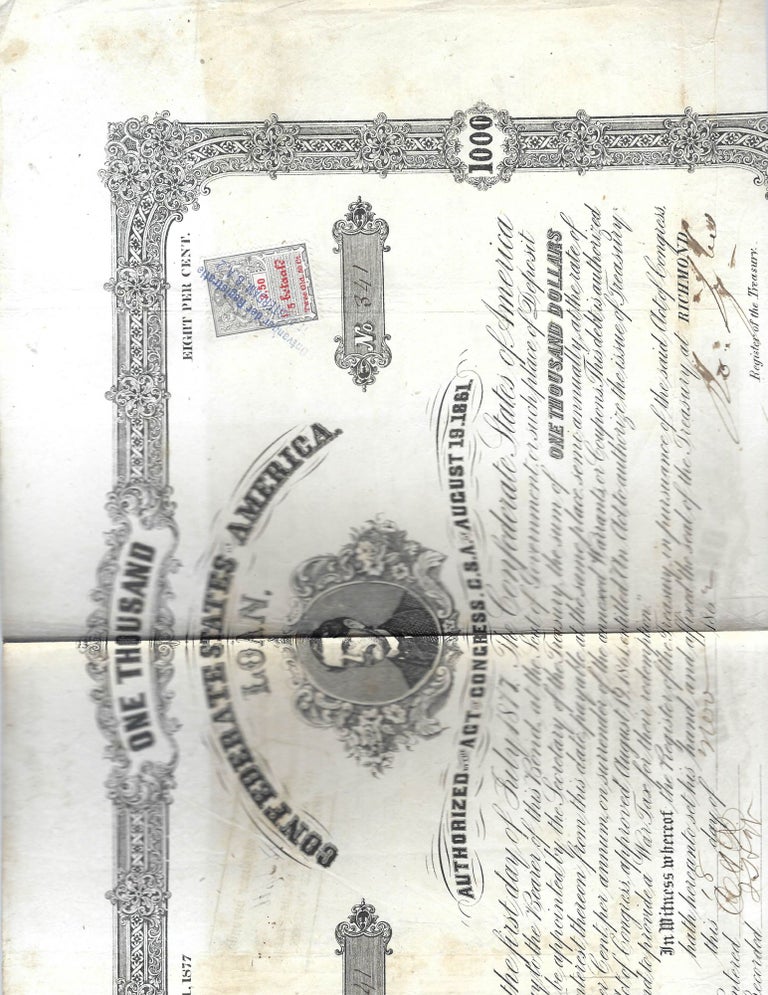 Item #16794 Confederate States of America $ 1000 loan Certificate with Coupons- Richmond 1862 USA. Civil War Confederate Loan.