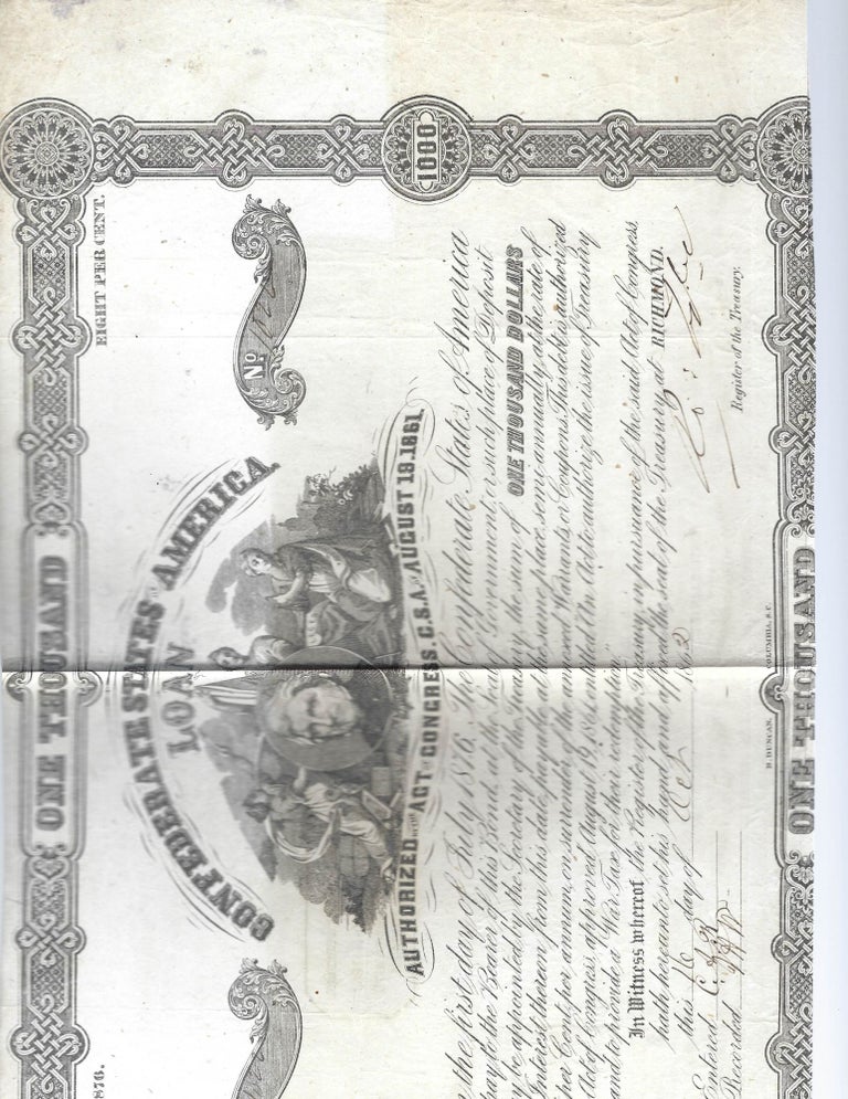 Item #16798 Last Confederate States of America $ 1000 loan Certificate- Richmond - General Beauregard. General Beauregard Confederate Loan.