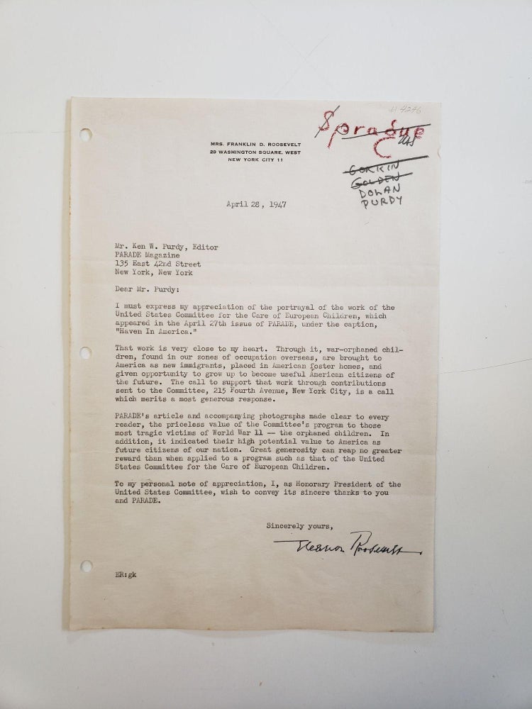 Item #16998 In Heartfelt Letter, First Lady Eleanor Roosevelt Writes About “those most tragic victims of World War II -- the orphaned children”. Eleanor Roosevelt.