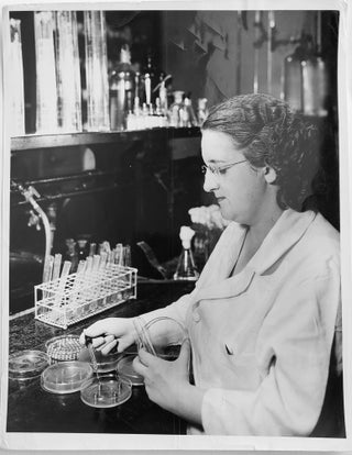 Item #17112 Vintage Photo of Woman Microbiologist Tests for Nobel Prize-Winning Antibiotic, Cure...