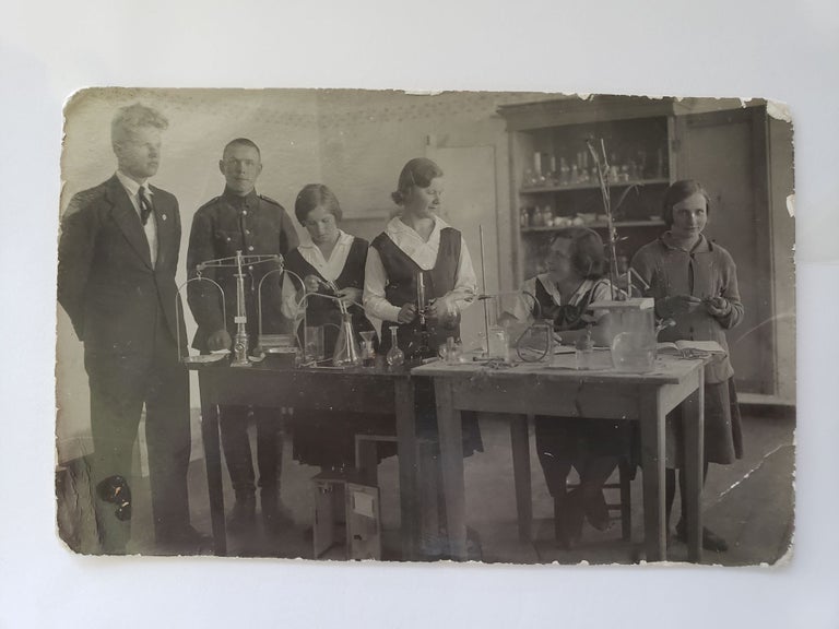 Item #17142 Photo Schoolgirls Perform Science Experiments, c. 1920s. Girls' Education, Europe.