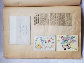 Scrapbook from Woman Studying at Oswego State Teachers College, 1944-1947 with 141 pieces of ephemera, report cards, newspaper clippings, many on WW.II and its effects on students.