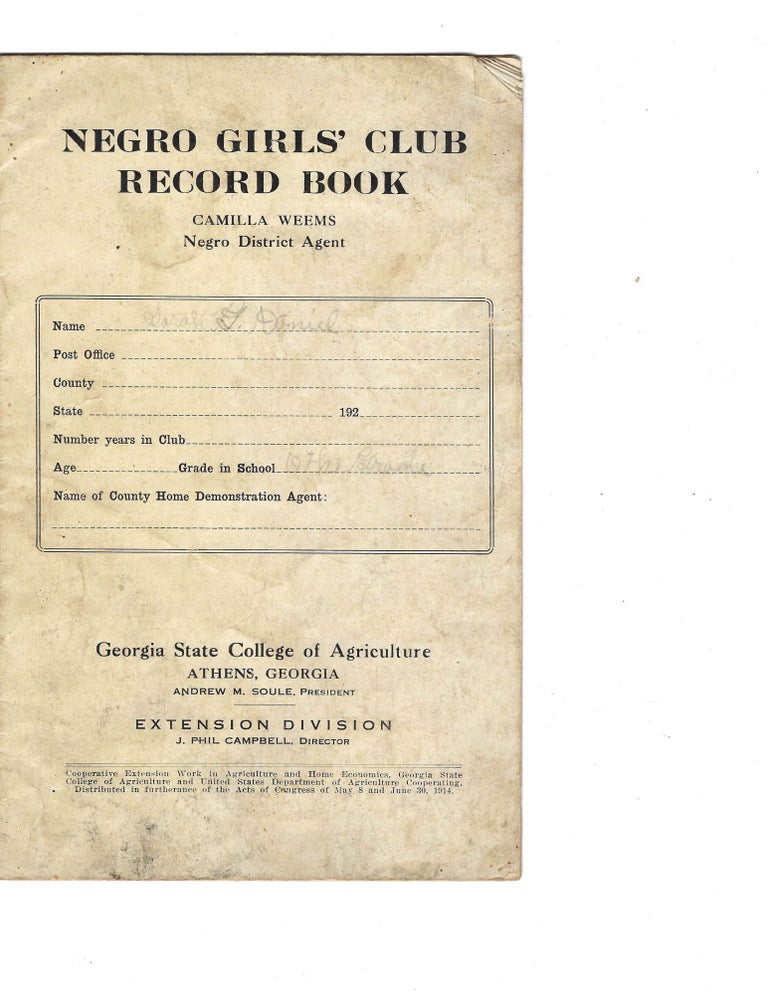 Item #17180 Georgia State College "Negro Girls' Club Record Book", 1920s. African American, Negro Girls’ Club Record Book.