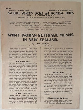 What Woman Suffrage Means in New Zealand, Handbill from First Country to Legalize the Right to. Anna Stout.
