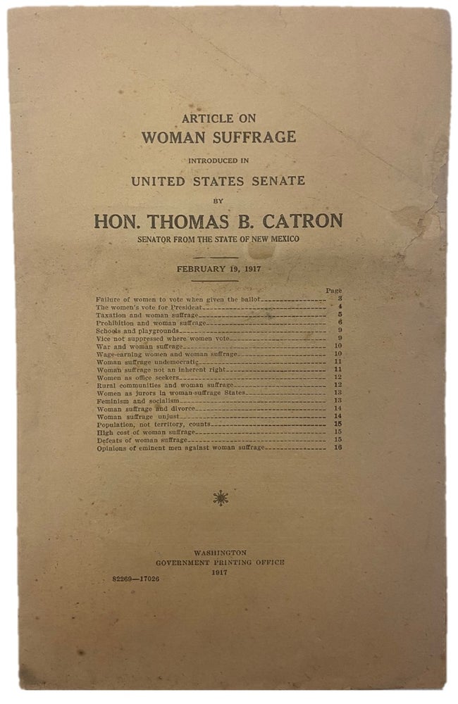 Item #17429 1917 Senate Article on National Woman Suffrage Proposed by Senator of New Mexico. New Mexico Women Suffrage.