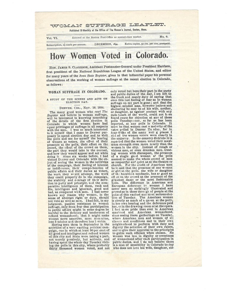 Item #17436 "The American woman is clearly as much of a queen at the polls [...] as in the drawing room or at the opera..." A First Hand Observation of the Election in Colorado After Woman Suffrage. Women's History Women Suffrage.