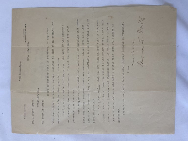 Item #17450 Typed Letter Signed by Susan Mills, Founder of Mills College. Mills College Women's Education.