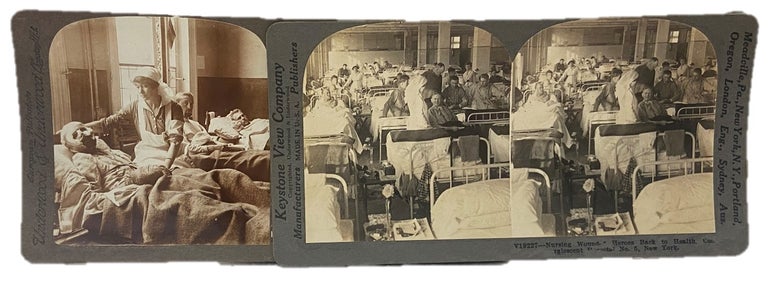 Item #17458 Two Stereoview Photos of Red Cross Nurses Aiding Injured WWI Soldiers. Red Cross Nurses Women in Science.
