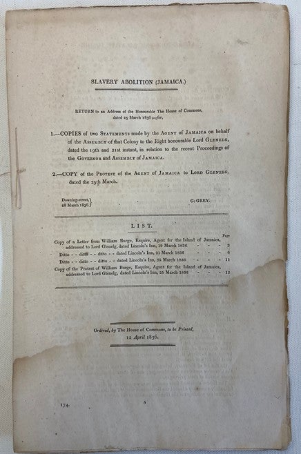 Item #17538 A Colonial Official's on The Abolition of Slavery in Jamaica. Jamaica Slavery.