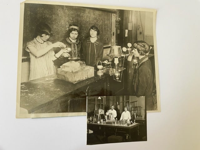 Item #17542 Two Photograph Archive from the 1920s of Female Scientists Conducting Lab Experiments. Photographs Women in Science.