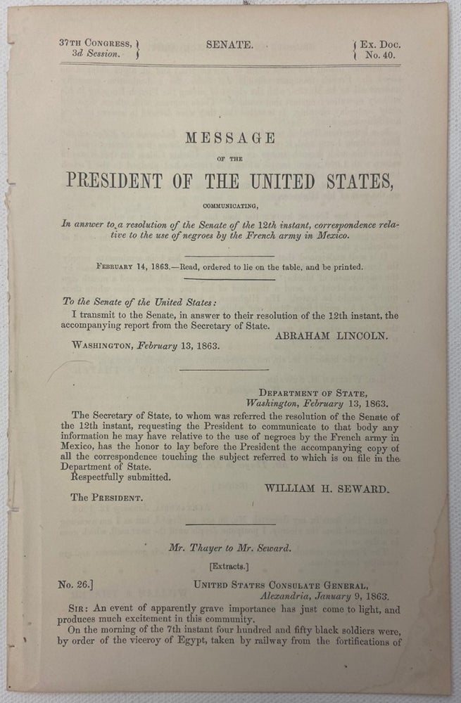 Item #17568 Scarce 1863 Communique from Lincoln's State Department Announcing African Troop Deployment by France in the War in Mexico. African Troops Lincoln.