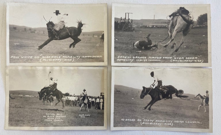 Item #17694 Set of 4 Real Photo Postcards of Native American Cowboys Bronc Riding wild Horses. Cowboys Native American.