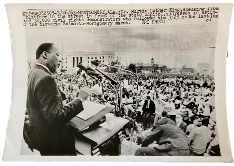 Item #17846 Original Photo of Martin Luther King Speaking to a Large Crowd of Protesters After the Selma to Montgomery March (1965). Selma March Martin Luther King.