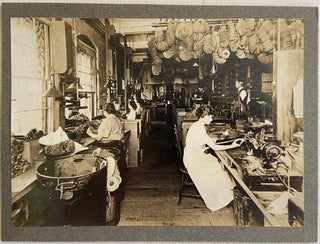 Item #17858 Women in Small Manufacturing Operation in 1900 Overseen by Male Supervisor. Factory...