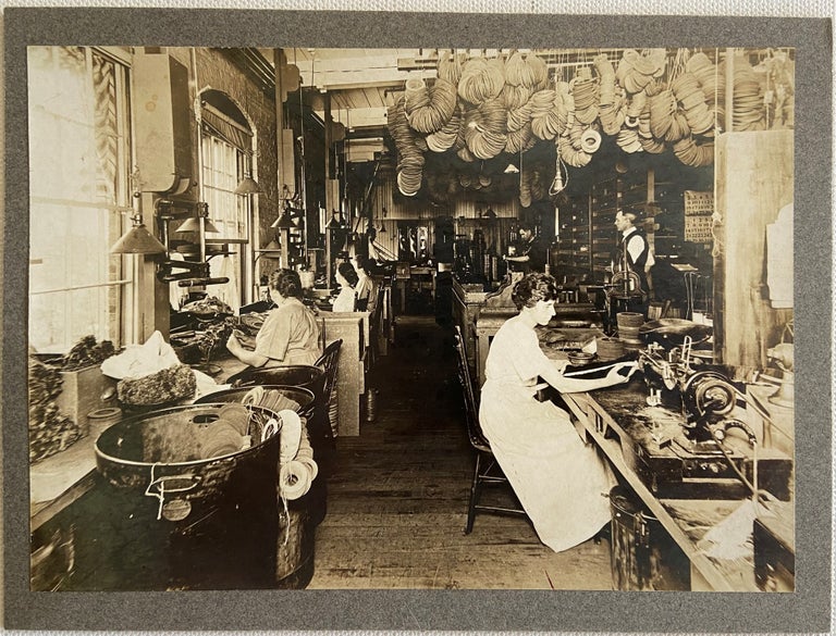 Item #17858 Women in Small Manufacturing Operation in 1900 Overseen by Male Supervisor. Factory Women at Work.