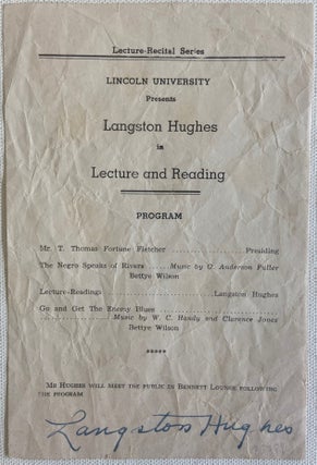 Signed Langston Hughes Broadside, Advertising a Lecture and Reading at Lincoln University. Langston HUGHES.