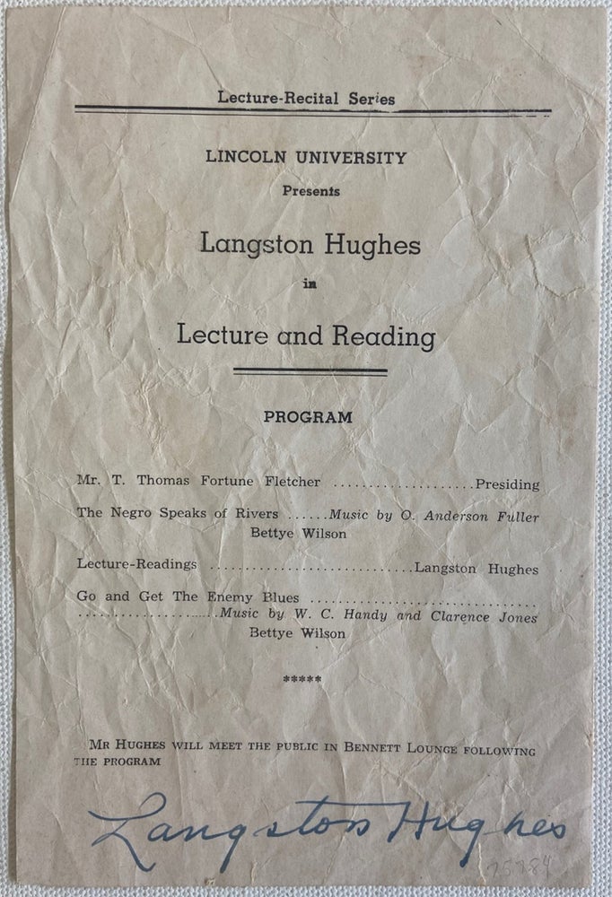 Item #17960 Signed Langston Hughes Broadside, Advertising a Lecture and Reading at Lincoln University. Langston HUGHES.