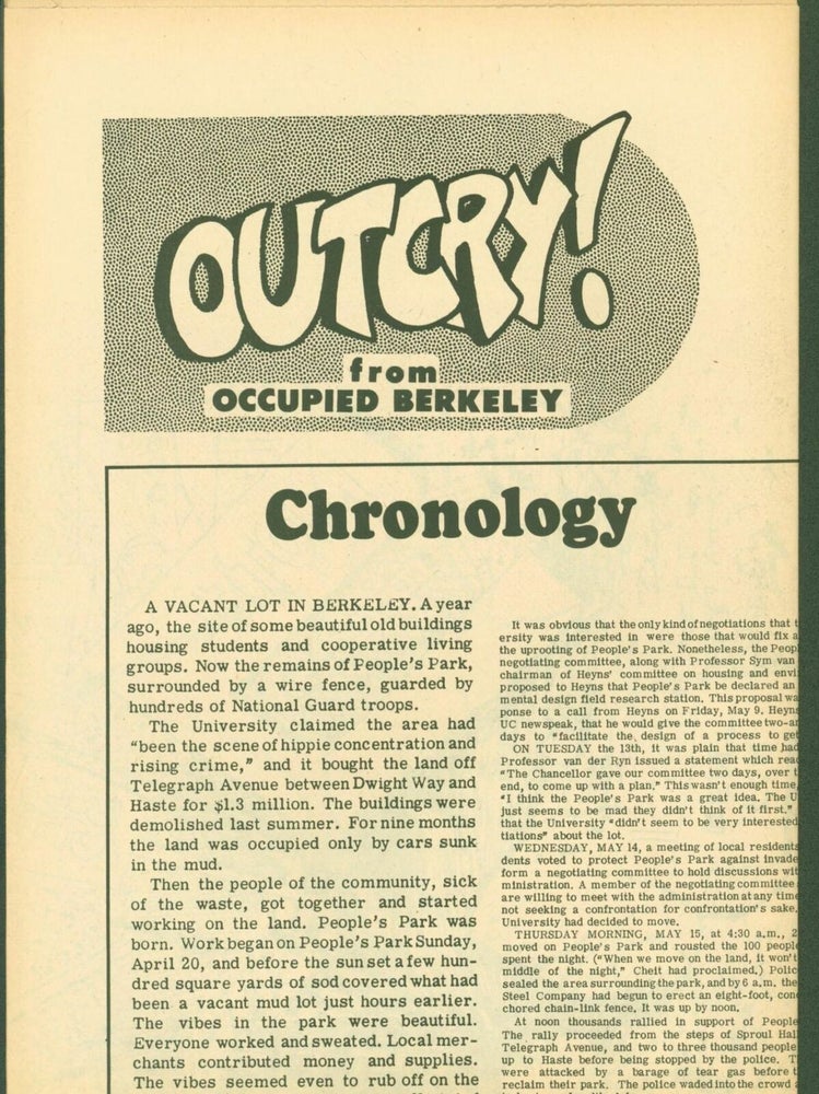 Item #18025 1960s Berkeley Counterculture Newsletter "Outcry!" Reports on the Bloody Clash Over People's Park. Berkeley Counterculture.