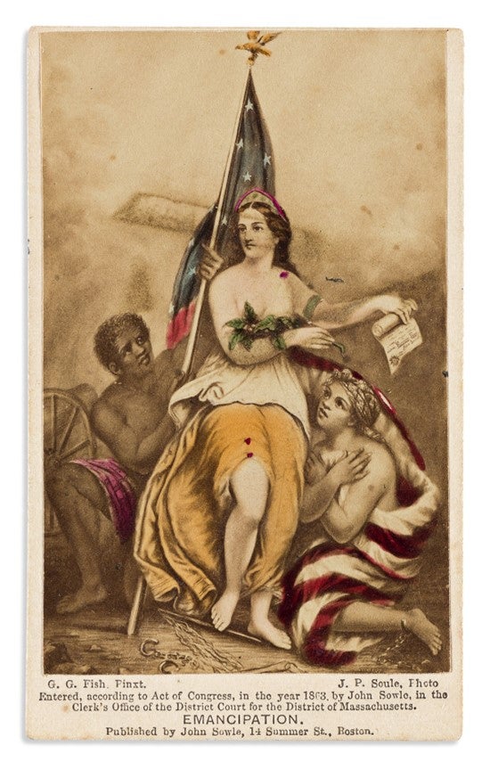 Item #18030 Emancipation CDV - Hand-Colored Carte-de-Visite Allegorical Illustration of Lady Liberty Freeing Slaves. Emancipation African American.