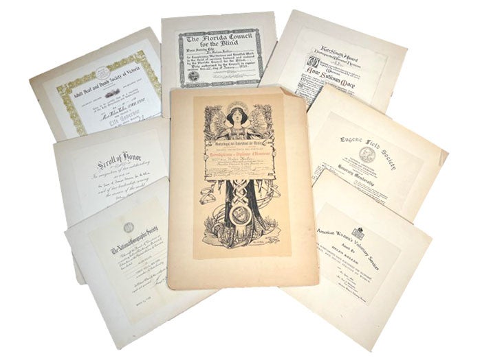 Item #18073 Archive of 8 Certificates belonging and awarded to Helen Keller 1936-1948. Helen Keller.